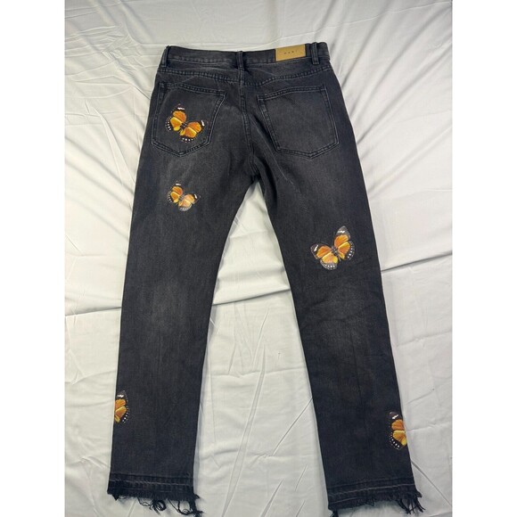MNML Jeans Womens Size 33 Straight Butterfly Print Black 5 Pocket Raw Hem - Picture 2 of 8